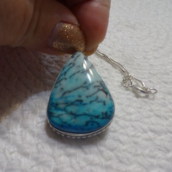 Beautiful BLUE DENDRITE OPAL Handmade Sterling 925 Pendant/Chain #994C - Picture 2 of 3